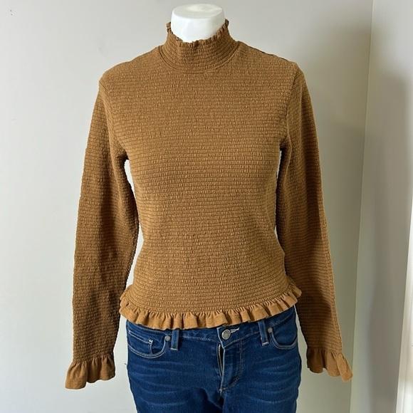 Nation LTD Emmy Smocked Turtleneck Top Cocoa Long Sleeve Ruffle Shirt Fall Sz L - Picture 4 of 13